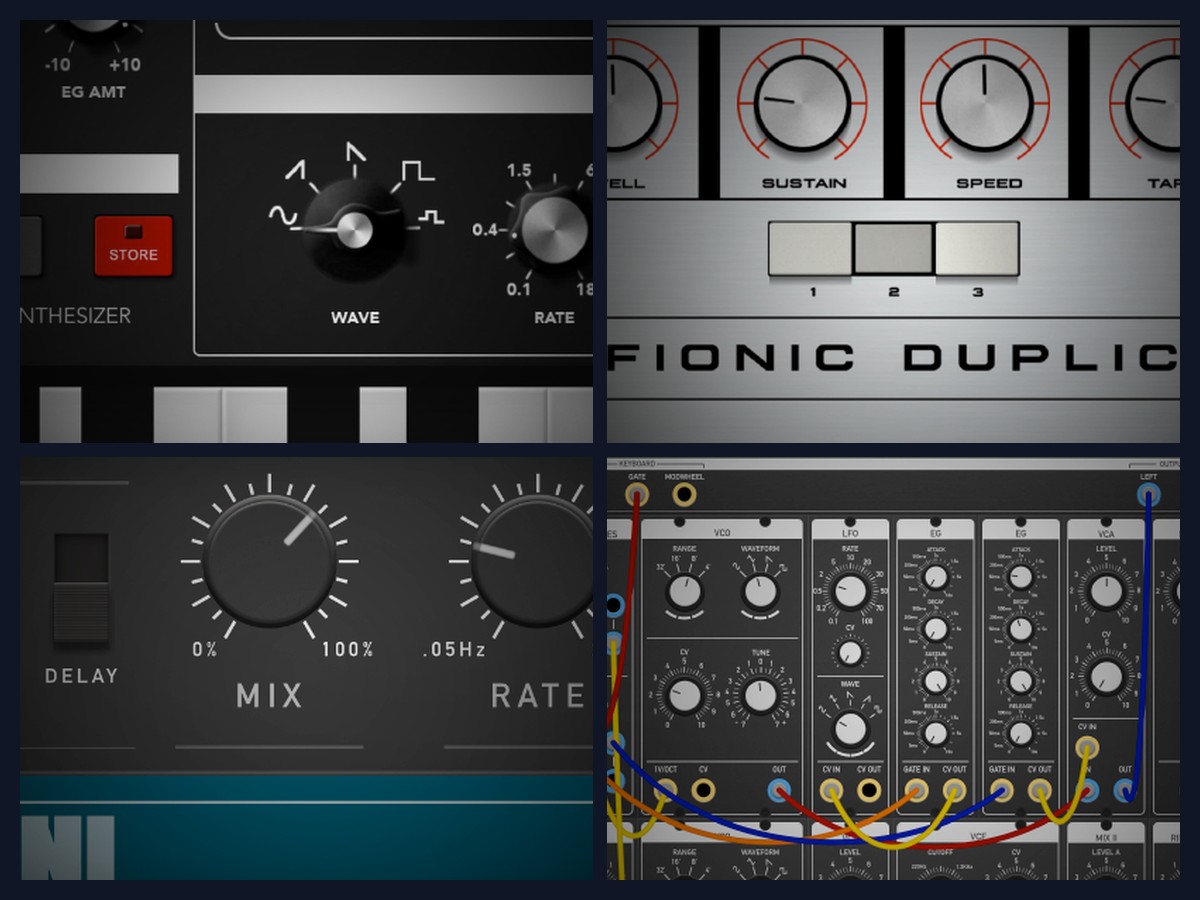 Lofionic app UI screenshots — LF1 Monosynth, Duplicat, Mani